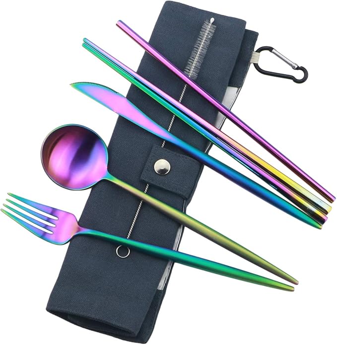 Gugrida Reusable Travel Utensils, 7 Piece Portable 304 Stainless Steel including Knife Fork Spoon Chopsticks Cleaning Brush Straws Portable Pouch, Eco-friendly Camping Silverware Set, Dishwasher Safe