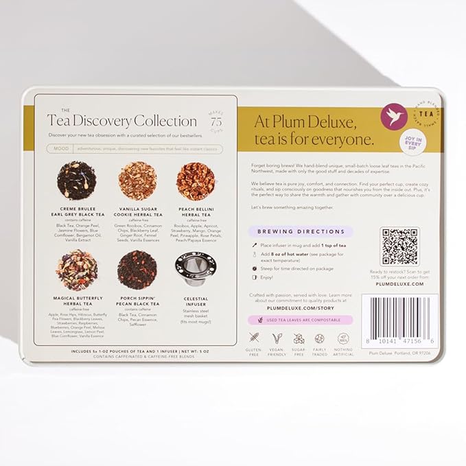 Tea Discovery Collection Assorted Tea Gift Set - 5 Hand-Crafted Loose Leaf Teas, Presentation Gift Box with Loose Leaf Steeper Included - Mixed Caffeine - 5 Unique and Flavorful Teas - 75 Cups