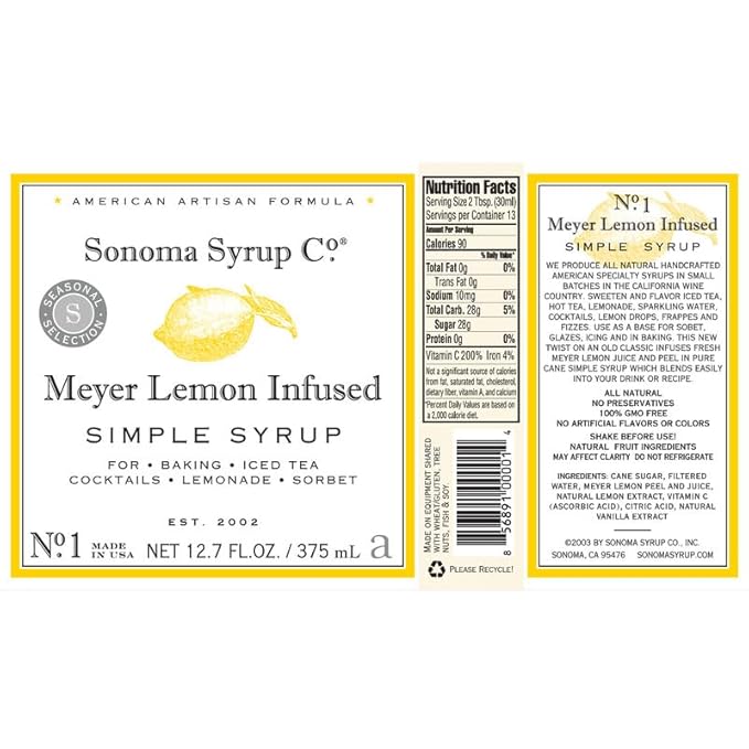 Sonoma Syrup Co. Meyer Lemon Infused Simple Syrup 12.7 fl oz | for Coffee, Cocktails, and Cooking | Hand Crafted in the USA