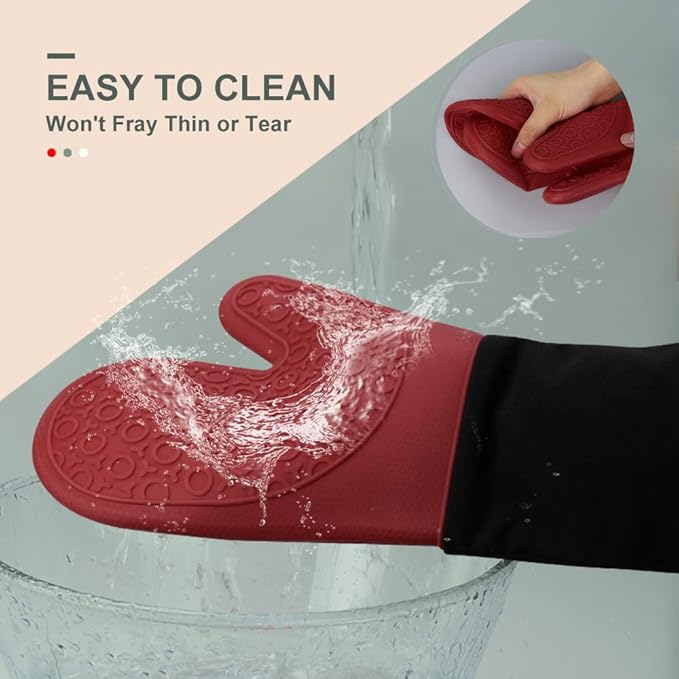 sungwoo Extra Long Silicone Oven Mitts, Heat Resistant Oven Gloves with Quilted Liner Non-Slip Textured Grip Perfect for BBQ, Baking, Cooking and Grilling - 1 Pair 14.6 Inch Red & Black
