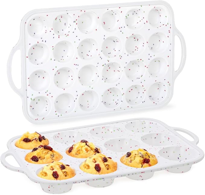 CAKETIME 12 Cups & 24 Cups Silicone Muffin Pan with Metal Frame, Regular & Mini Muffin Pan Set for Baking 2 Pack