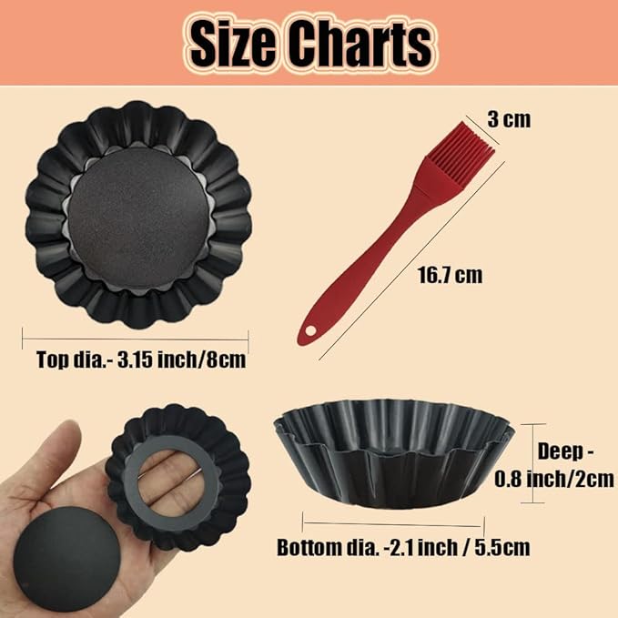 DATANYA 12Pack Mini Tart Pans Removable Botttom 3 Inch Tart Pan, Round Nonstick Carbon Steel Fluted Quiche Pie Tart Pan for Baking Pies, Quiches, Tartlets, Tart Shells, Cupcakes, Desserts