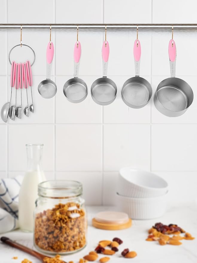 Joyhill Stainless Steel Measuring Cups and Spoons Set of 10 Piece, Nesting Metal Measuring Cups Set with Soft Touch Silicone Handles for Dry and Liquid Ingredients, Cooking & Baking (Pink)