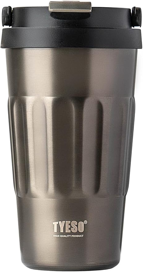TYESO Stainless Steel Portable Tumbler with Flip Lid,Travel Mug with Concealed Carry Handle, Leakproof Insulated Coffee Cup (GRAY, 17 OZ)