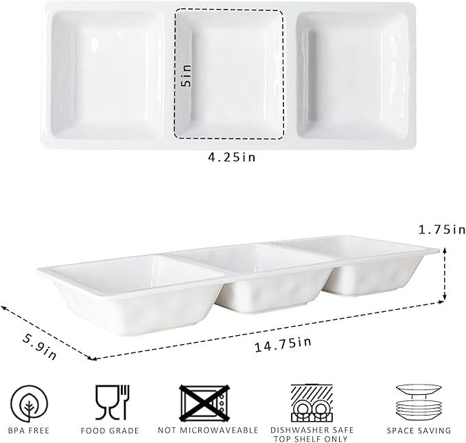 Divided Serving Tray, 14.75”x 6” Reusable 3-Section Party Platters, Condiment Serving Dishes for Entertaining, Ideal for Snacks, Appetizers, Fruit, Candy, Chip & Dip Set,White