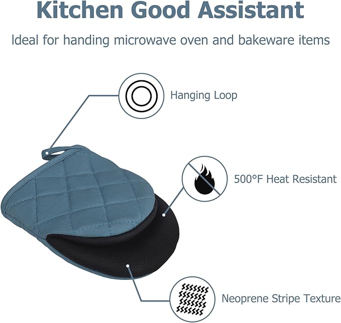 1 Pair Short Oven Mitts, Heat Resistant Silicone Kitchen Mini Oven Mitts for 500 Degrees, Non-Slip Grip Surfaces and Hanging Loop Gloves, Baking Grilling Barbecue Microwave Machine Washable