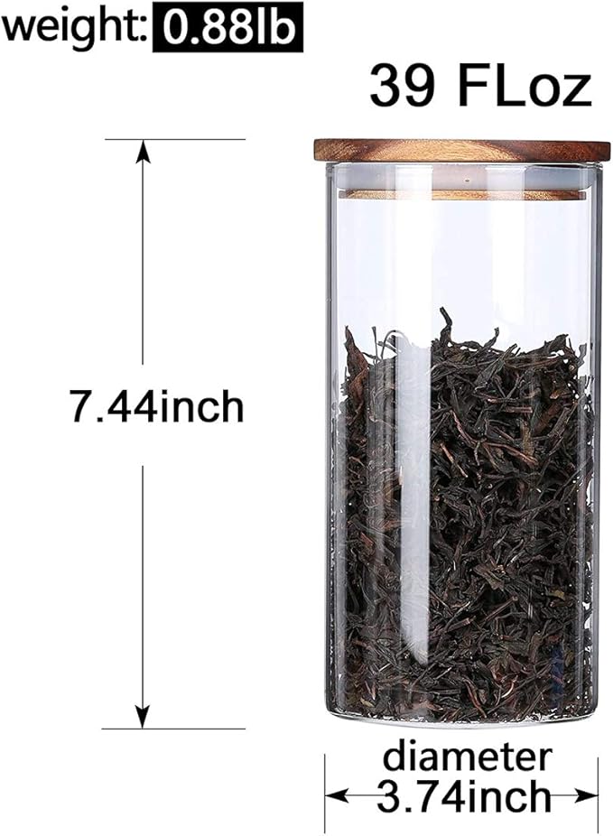 KKC HOME ACCENTS Clear Borosilicate Glass Storage Canister with Airtight Wood Lids,Air Tight Sealed Glass Jar for Loose Leaf Tea,Grinder Coffee,Coffee Beans,Matcha,39 Fluid Ounces