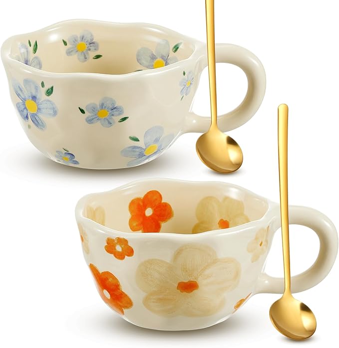 Vesici 2 Pcs Ceramic Coffee Mugs Flower Cups with Spoon Vintage Floral Mugs with Handle 8.5 oz Aesthetic Tea Porcelain Cup Gift for Valentine Office Home, Dishwasher and Microwave Safe(Vivid)