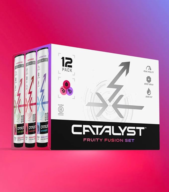 CATALYST | Fruit Fusion Set - 12 Pack Energy Drinks | 3 Fruit Flavors | Zero Sugar, 10 Calories, 120mg Caffeine | Natural Nootropics | SuperBerry, Pomegranate Power, CherryLime Charge