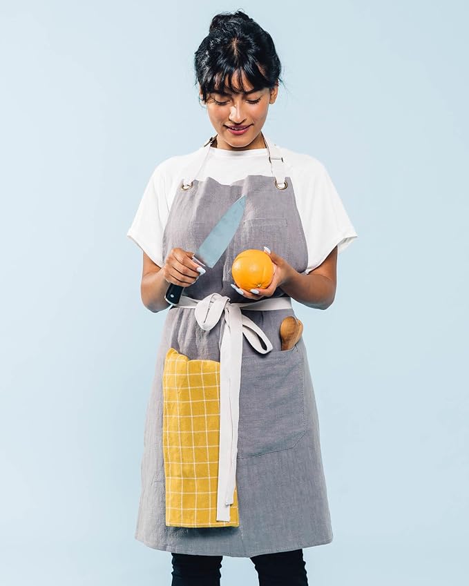 Caldo Linen Kitchen Apron for Cooking - Mens and Womens Linen Bib Apron for Professional Chef, Server, or Barista - Adjustable with Pockets (Grey)