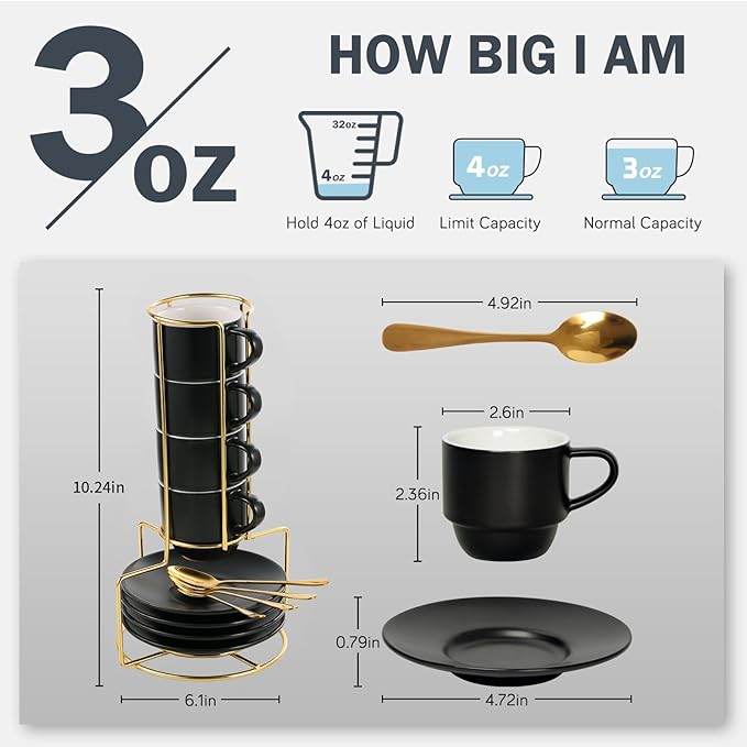 Lareina 3-Ounce Espresso Cups Set of 4, Small Stackable Coffee Cups with Saucers, Spoons and Metal Stand, Ceramic Demitasse Mugs, Espresso Accessories for Machine, Black