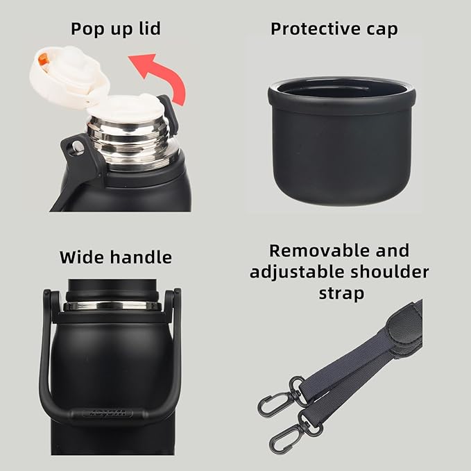 BJPKPK Insulated Water Bottle 50oz Vacuum Insulated Stainless Steel Water Bottles with Handle and Lid Travel Metal Thermos for Outdoor Sports,Black