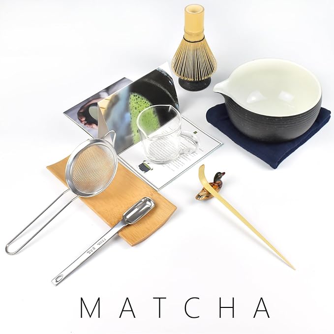 Artcome Bluestone Glaze Matcha Kit for Japanese Tea Ceremony, Bowl with Pouring Spout, Whisk, Tea Scoop, Matcha Powder Strainer, Matcha Tea Set For Making Usucha, Koicha and Matcha Latte (10 PCS)
