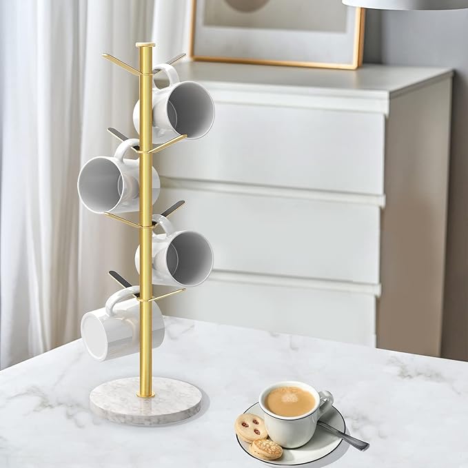 Gold Mug Holder Tree with Marble Base, 8 Hooks Coffee Cups Holder Stand, New Upgrad Stable Removable Mug Rack for Kitchen Cafe