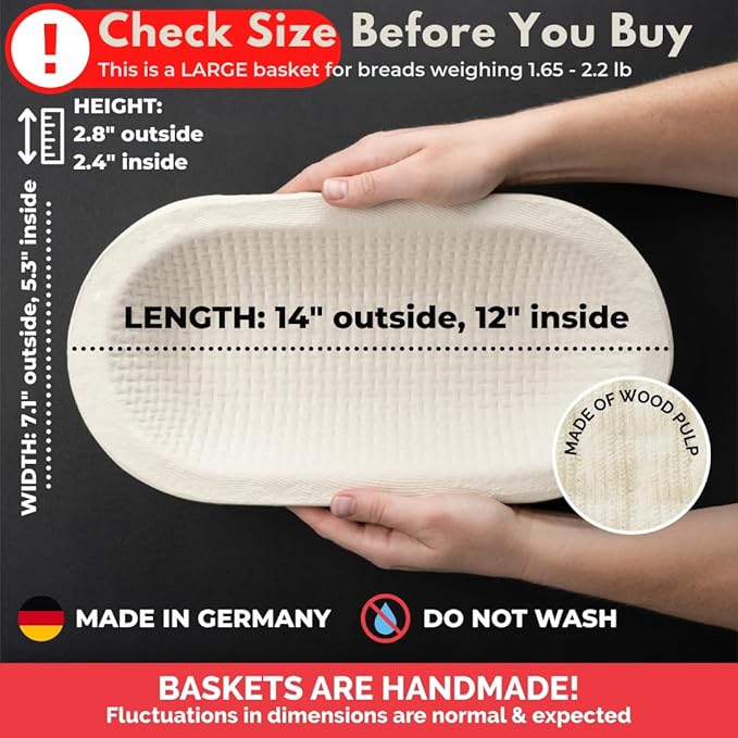 Bulka Large Oval 1kg Waffle Banneton Bread Proofing Basket Pressed Wood Pulp, Sourdough Proofing Basket – Non-Stick Brotform Sourdough Bread Baking Supplies, Made in Germany.