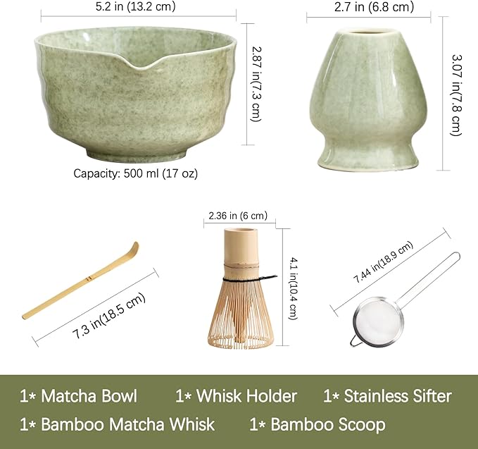 Matcha Set, Japanese Tea Set Includes Matcha Bowl with Spout, Matcha Whisk Holder, Bamboo Matcha Whisk and Bamboo Scoop, 17 oz Mottled Tea Green Glaze Ceramic Matcha Kit for Tea Lovers