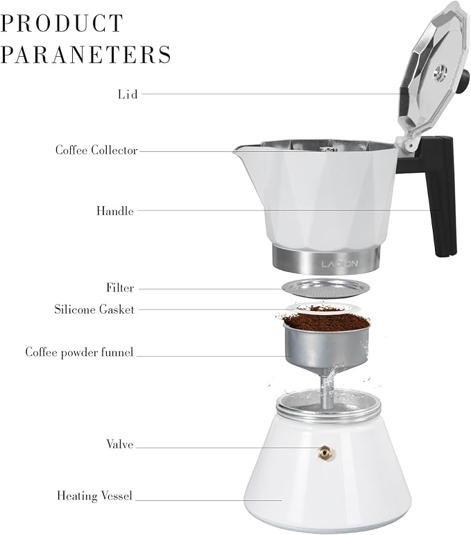 Moka Pot, 6-Cup Espresso Maker, 300ml Portable Stovetop Espresso Maker, Percolator Coffee Pot Compatible with Induction Cooktops, Suitable for Home and Camping (White)