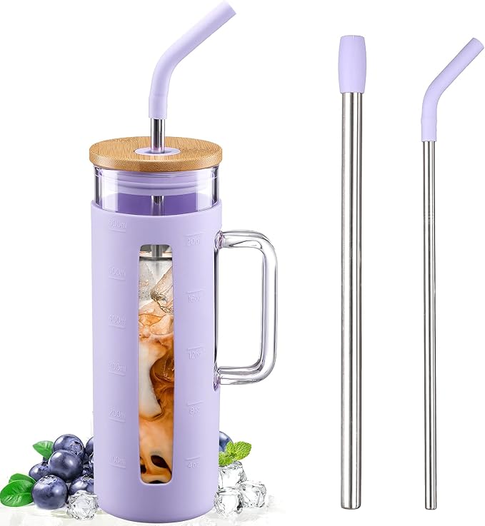 Kodrine Tumbler with Lid and Straw, 20 oz Glass Coffee Tumbler with Handle, Smoothie Cup with Bamboo Lid | Time Marker | Silicone Protective Sleeve, BPA Free - Purple