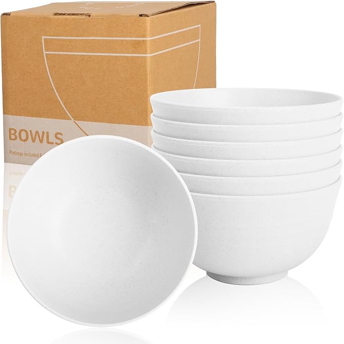 Wheat Straw Camping Bowls Sets of 6,Unbreakable 26oz Lightweight Bowls Sets for Outdoors Activity,Breakfast Bowls for Cereal and Salad.White Series