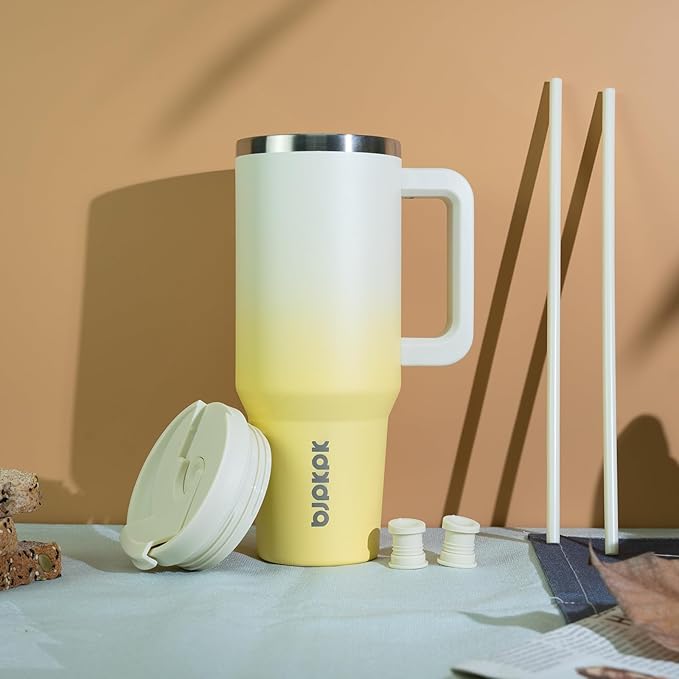 BJPKPK Tumbler With Handle And Straw 30oz Insulated Tumbler Cups With Lid Stainless Steel Travel Coffee Mug,Lemon