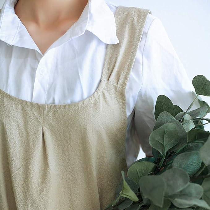 NEWGEM Japanese Linen Cross Back Cooking Aprons for Women Men with Pockets Cute for Baking Kitchen