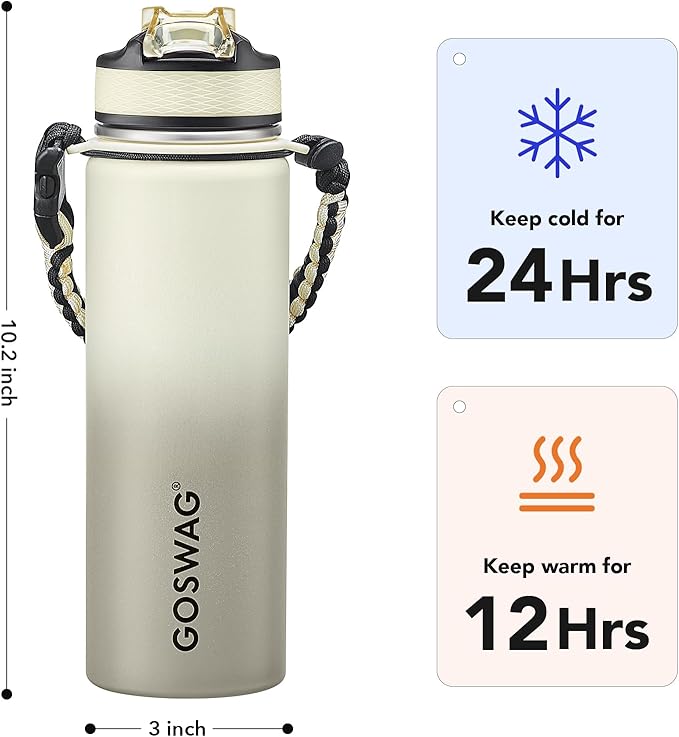 GOSWAG Insulated Sports Water Bottle, 24oz 2 Lids(with Straw/No Straw), Stainless Steel Water Bottles with Paracord Handle, Insulated Bottle with Double-Wall Vacuum Insulation
