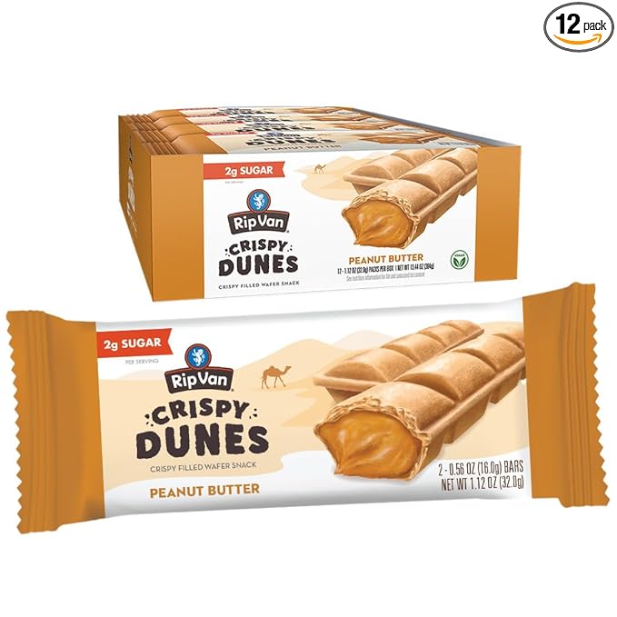 Crispy Dunes Peanut Butter Wafer Sticks – Low-Calorie Snack with Peanut Butter Cream Filling, 90 Calories, Non-GMO, Prebiotic Fiber - 12 Pack