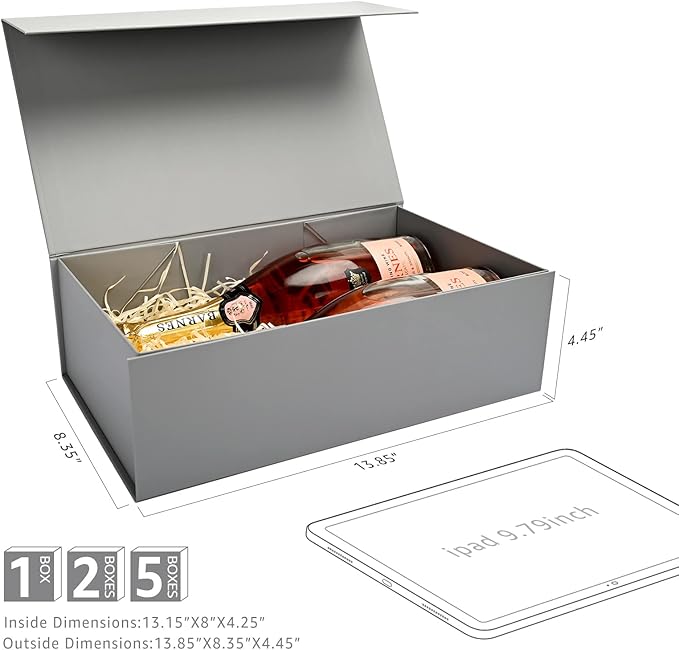 LIFELUM 2 Pack Large Gift Boxes with Lids,13.85 x 8.35 x 4.45 inch Gift Box Rectangle Collapsible Box Groomsmen Gift Boxes with Ribbon, Card, Shredded Paper Filler Gift Boxes for Presents