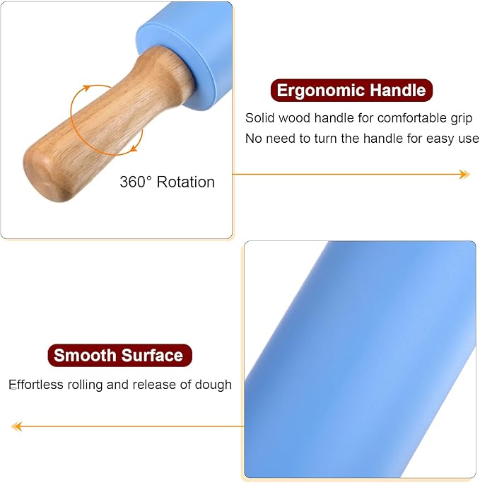 HARFINGTON Silicone Rolling Pins for Baking 17 Inch Wooden Handle Non Stick Rolling Pin Small Roller Playdough Rolling Pins for Dough Pizza Pastry Fondant Kitchen, Blue