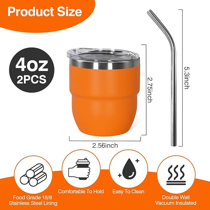 4oz Stackable Cup, Vacuum Insulated Espresso Cup Set of 2, Espresso Shot Glass for Coffee, Double Wall Stainless Steel Mini Tumbler Shot Glasses with Straw and Lid (A-orange2P, 4oz)