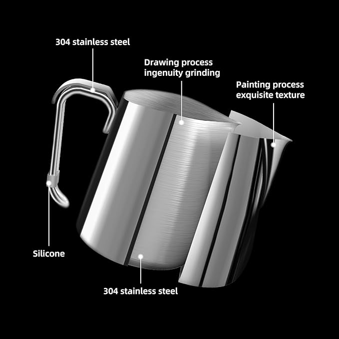 Bincoo Espresso Milk Frothing Pitcher Stainless Steel 20oz/600ML Coffee Milk Frother Cup-Milk Frothing Pitcher with Measurement Lines,Ergonomic Handle for Latte Art & Cappuccin(Steel)