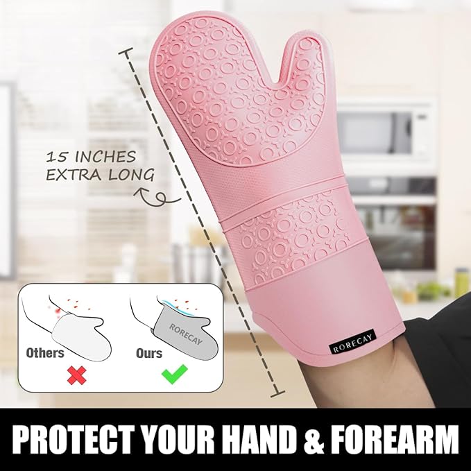 Rorecay 6pcs Oven Mitts and Pot Holders Sets for Kitchen, Extra Long Non-Slip Silicone Oven Gloves Heat Resistant 500 Degrees Potholders Hot Pads for Baking Cooking, Quilted Liner, Pink
