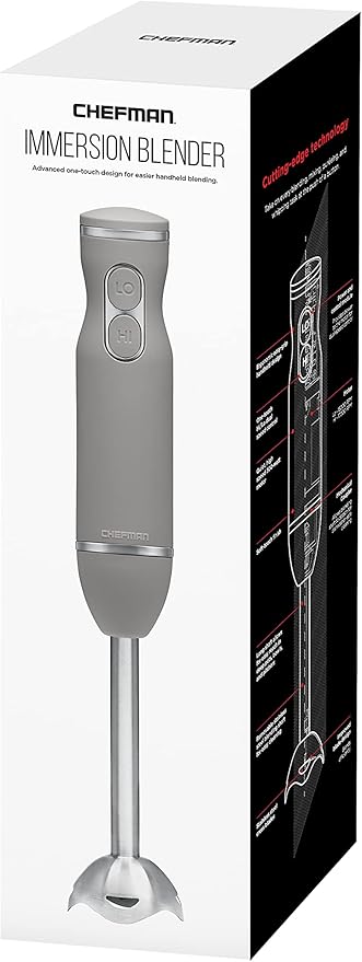 Chefman Immersion Stick Hand Blender with Stainless Steel Blades, Powerful Electric Ice Crushing 2-Speed Control Handheld Food Mixer, Purees, Smoothies, Shakes, Sauces & Soups, Grey