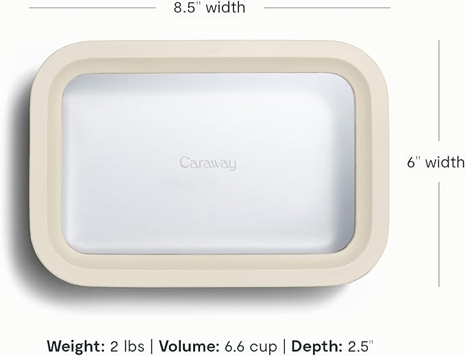 Caraway Glass Food Storage, 6.6 Cup Glass Container,Ceramic Coated Food Container,Easy to Store, Non Toxic, Non Stick Lunch Box Container with Glass Lids. Dishwasher, Oven,Square Shape,Cream