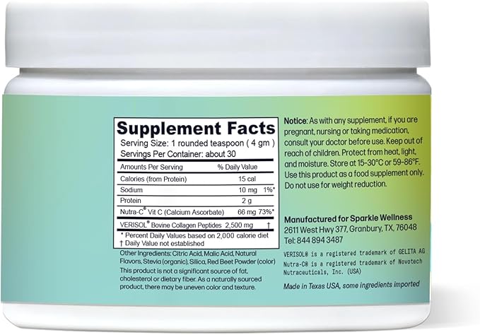 Sparkle Wellness VERISOL Bioactive Hydrolyzed Collagen Peptides | Collagen Powder Supplement with Vitamin C for Skin, Hair & Nail Health | Skin Boost (Acai Lemonade) [30-Serves]