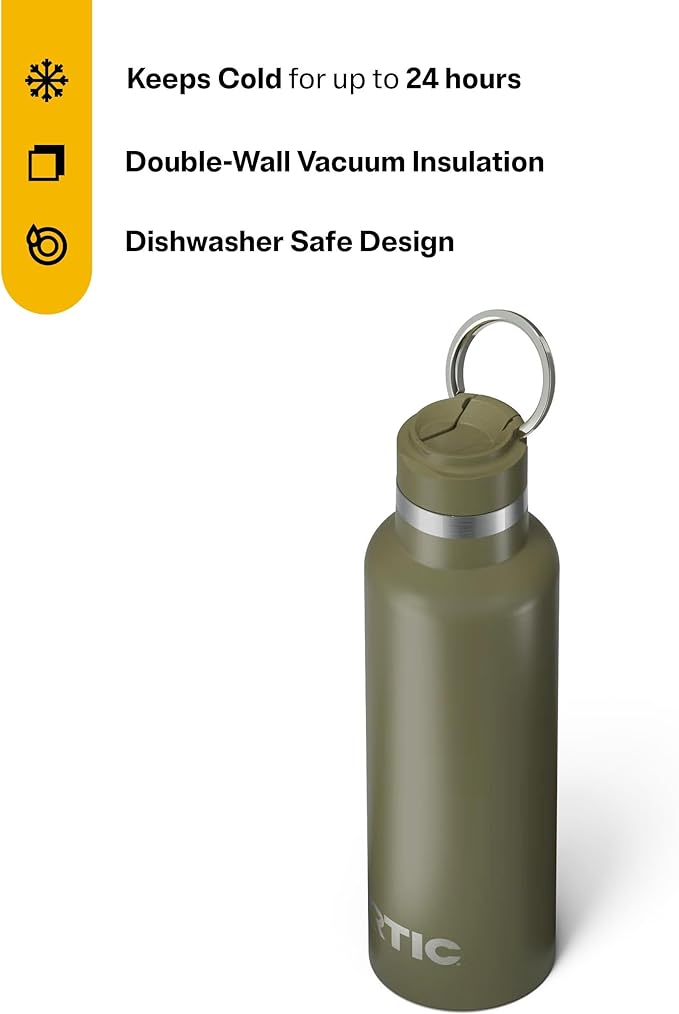 RTIC 20oz Journey Bottle Metal Stainless Steel Vacuum Insulated, BPA Free, Reusable, for Water, Hot and Cold Drinks, Travel, Sports, Camping, Olive