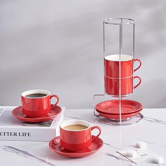 8 Ounce Porcelain Cappuccino Cups with Saucers and Silver Stand, Red Cups Set of 4