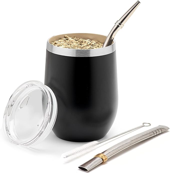 BALIBETOV 5 pcs large Yerba Mate Cup and Bombilla Kit, Includes one 8 oz Yerba Mate Gourd with Lid, Two Bombillas Mate Straw and one cleaning brush (Black, 8.00)