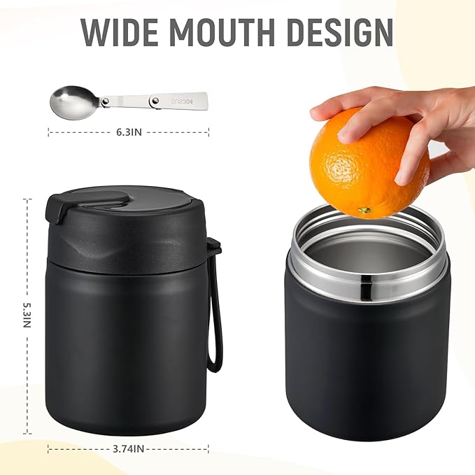 17oz Soup Thermo for Hot Food Kids Insulated Vacuum Food Jar with Stainless Steel Spoon Wide Mouth Thermo Leakproof Lunch Food Container Kids Hot Lunch Box (Black)