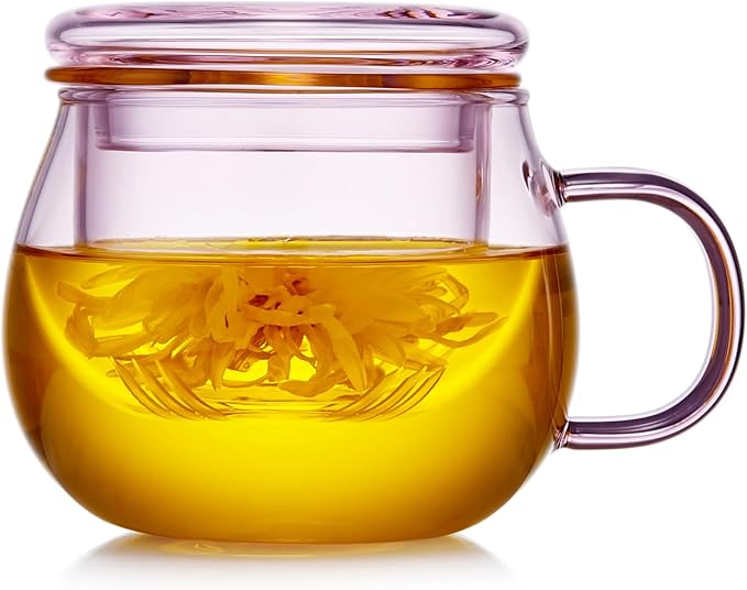 11oz Pink Glass Tea Cup with Infuser and Lid– Versatile and Elegant Gift for Women, Perfect for Loose Leaf Tea and Other Beverages