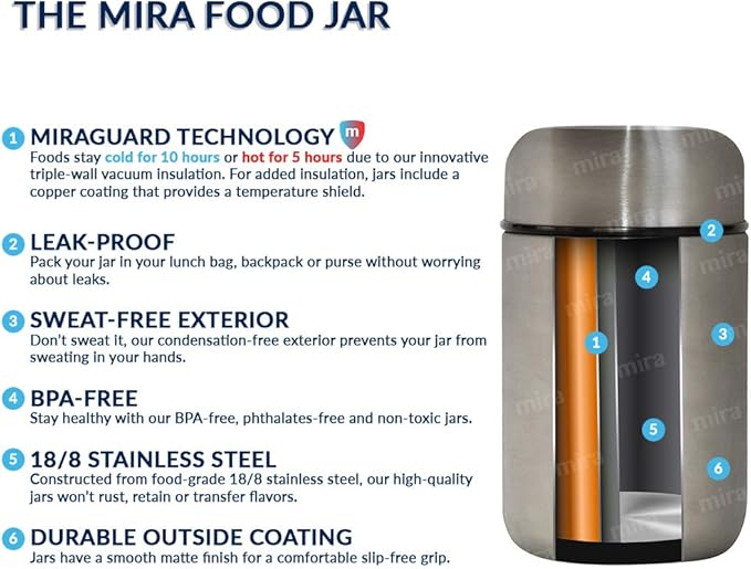 MIRA 2 Pack Insulated Food Jar Thermos for Hot Food & Soup, Compact Stainless Steel Vacuum Lunch Container, 13.5 oz, Sky, Denim