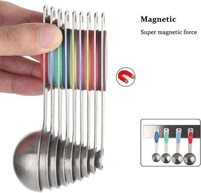 Magnetic Measuring Spoons Set of 9 Stainless Steel Stackable Measuring Spoons Heavy Duty Nesting Teaspoons Tablespoons for Measuring Dry and Liquid Ingredients