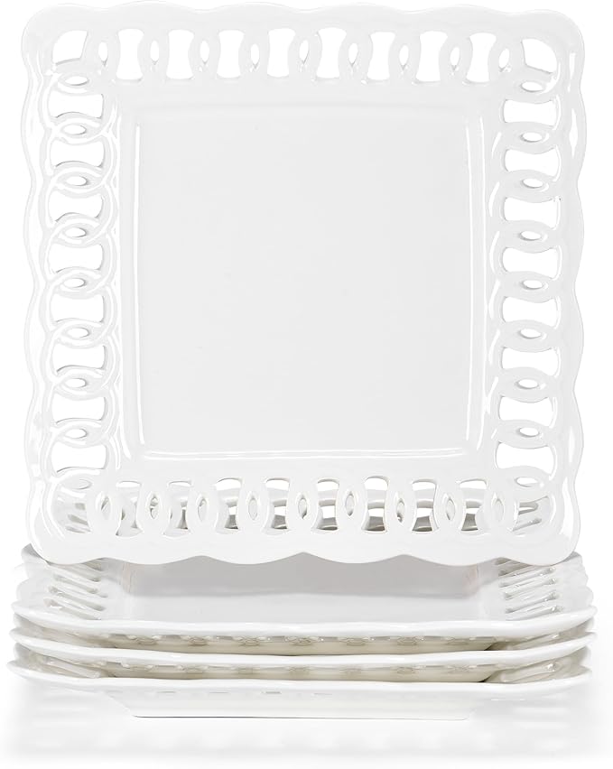 Ceramic Square Dinner Plates, 11 inch Square Serving Plate Set of 4 for Steak Pasta Salad Snacks Pizza Appetizer, New Bone Porcelain Plates with Lace Rim, Party Wedding Birthday Christmas Gift, White
