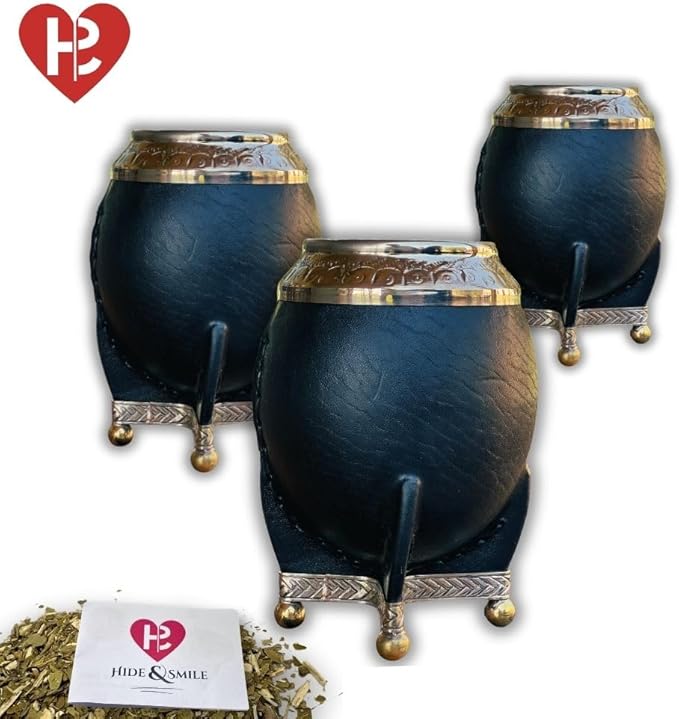 Hide & Smile Torpedo Premium Handmade Mate Kit, pumpkin and leather Cup And Bombilla Set, Authentic Argentine Mate Gourd Tea, Includes Straw, Souvenir from Argentina, Original Design (Black)