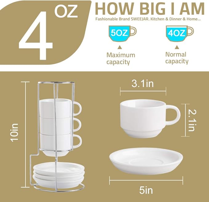 Sweejar Ceramic Espresso Cups with Saucers, 4 Ounce Stackable Cappuccino Cups with Metal Stand for Coffee Drinks, Latte, Tea - Set of 4 (Black)