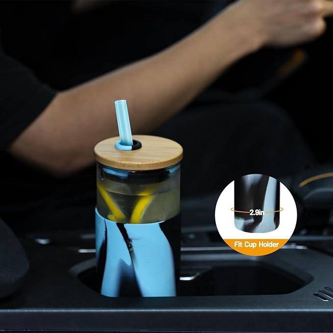 Tronco 24 oz Glass Tumbler with Straw and Lid - Glass Cup with Lid and Straw, Smoothie Cup, Iced Coffee Cup - Bamboo Lid and Protective Silicone Sleeve - BPA-Free