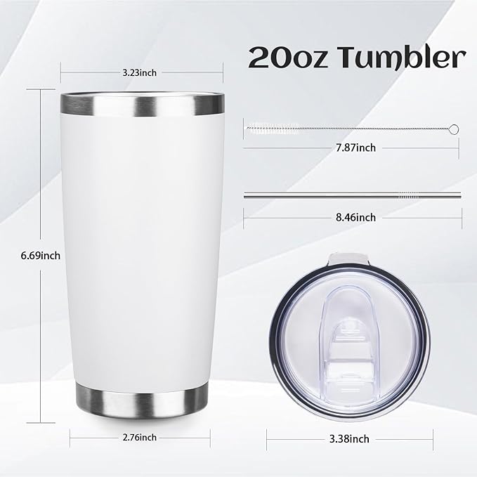 20oz Tumbler Bulk with Lid and Straw, Stainless Steel Double Wall Vacuum Insulated Travel Mug, Powder Coated Coffee Cups for Hot and Cold Drinks,Funny Gifts for Women Men(White,1)