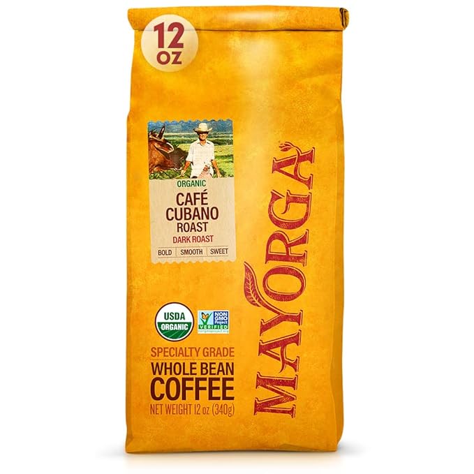 Mayorga Organic Coffee 12oz Cafe Cubano Roast - Dark Roast Whole Bean Coffee Specialty Grade, 100% Arabica, Slow Roasted, Bold and Smooth Flavor with Low Acidity - USDA Organic, Non-GMO, Kosher,