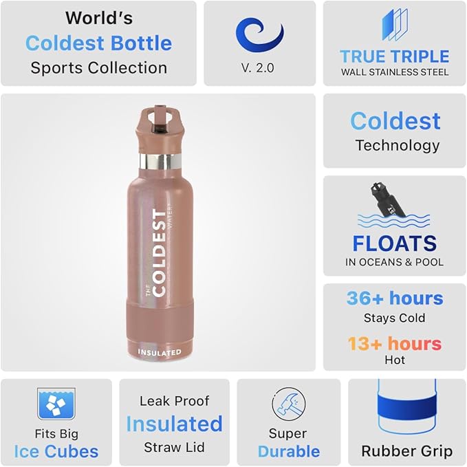 Coldest Insulated Water Bottle with Straw Lid - Stainless Steel Metal Insulated Bottle for Men & Women (Rose Gold Glitter, 21 oz)
