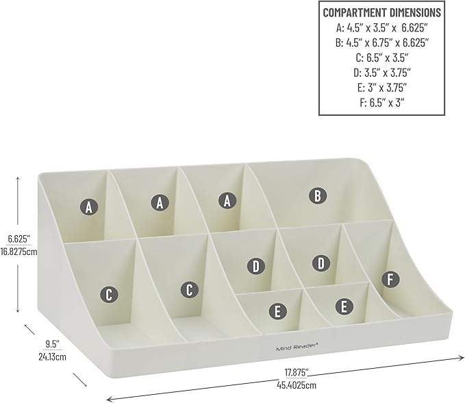 Mind Reader Cup and Condiment Station, Countertop Organizer, Coffee Bar, Kitchen, Stirrers, 17.875"L x 9.5"W x 6.625"H, White